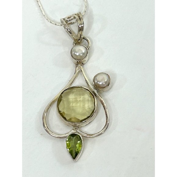 Women’s Pendant Necklace Italy Peridot Pearl S925 Sterling Silver 18” Vintage - Picture 3 of 17